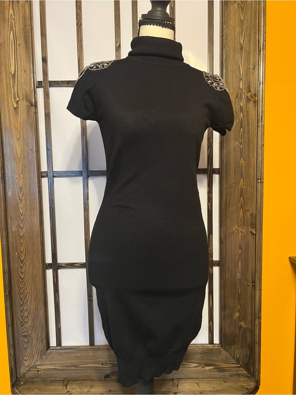 VENUS Black Turtleneck Short Sleeve Dress with Embellished Shoulders